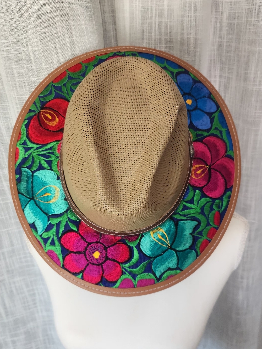 Hand-Embroidered Floral Brim Straw Fedora Hat - Tan with Multicolor Flowers